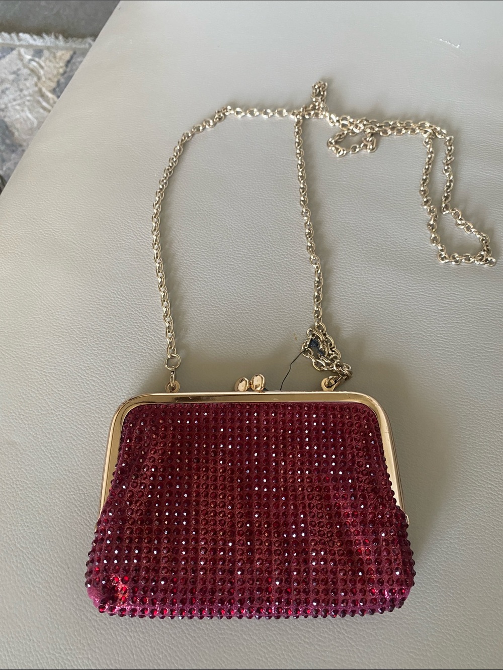 Gold trim red Crystal crossbody clutch kiss lock purse